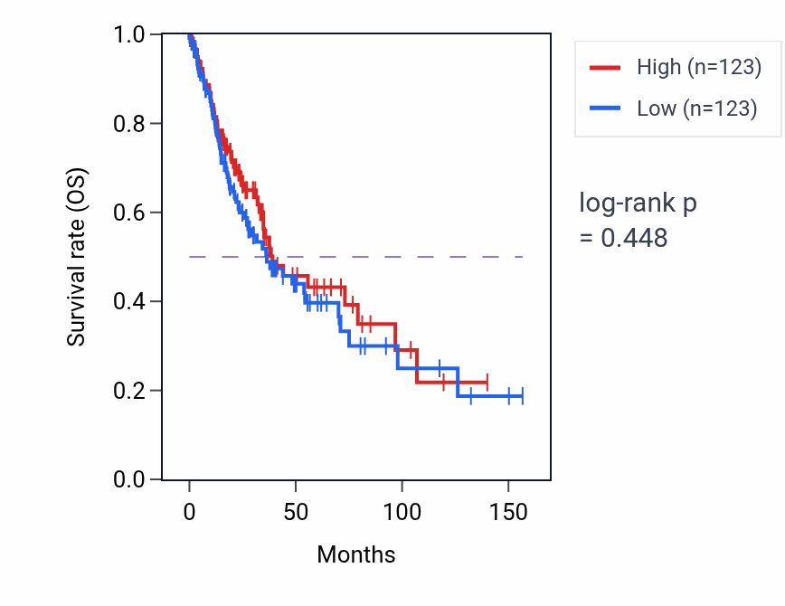 Kaplan&ndash;Meier survival curve for Nuclear migration along microtubule pathway activity in LUSC: high vs low activity groups.