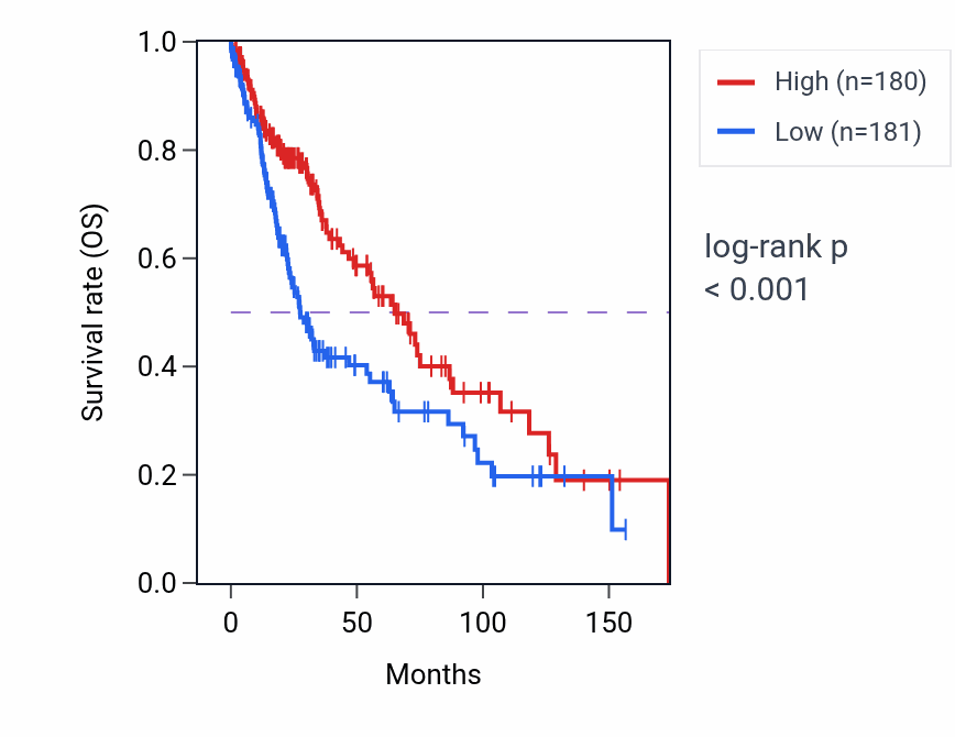 Kaplan&ndash;Meier survival curve for Paranodal junction assembly pathway activity in LUSC: high vs low activity groups.