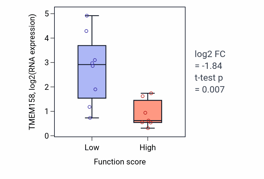 Box plot of TMEM158 in Negative regulation of microtubule polymerization or depolymerization-low vs -high samples in BONE.