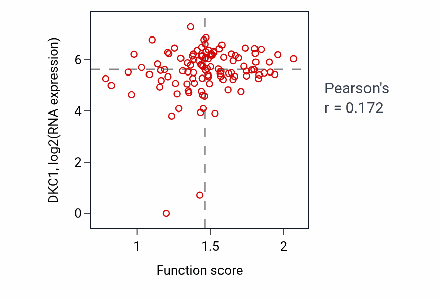 Per-sample scatter of rRNA pseudouridine synthesis activity vs DKC1 in HNSC.