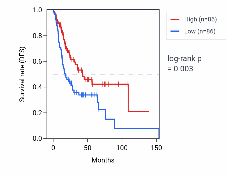 Kaplan&ndash;Meier survival curve for RNA 3'-end processing pathway activity in HNSC: high vs low activity groups.