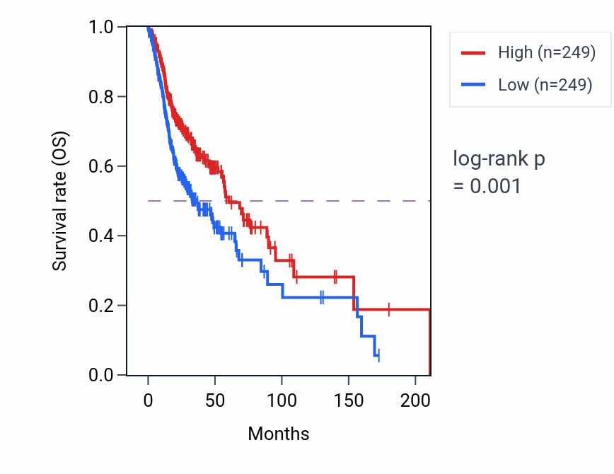 Kaplan&ndash;Meier survival curve for SCF-dependent proteasomal ubiquitin-dependent protein catabolic process pathway activity in HNSC: high vs low activity groups.