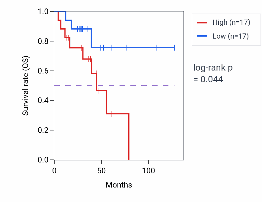 Kaplan&ndash;Meier survival curve for N-terminal protein amino acid modification pathway activity in ACC: high vs low activity groups.