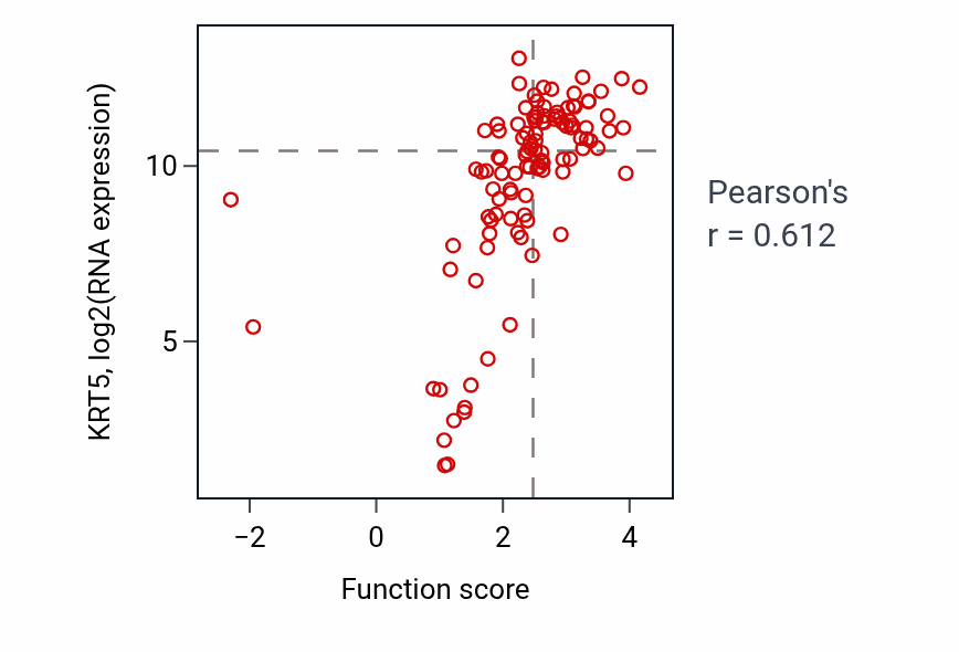 Per-sample scatter of Keratinization activity vs KRT5 in LSCC.