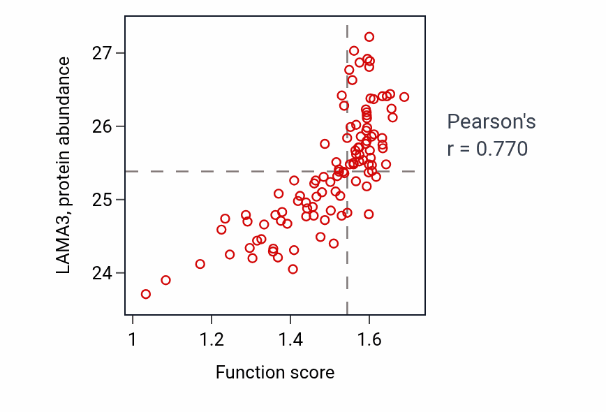 Per-sample scatter of Hemidesmosome assembly activity vs LAMA3 in LSCC.