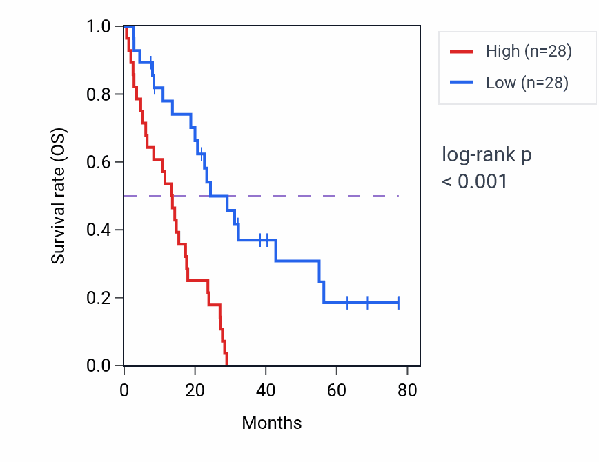 Kaplan&ndash;Meier survival curve for Mitochondrial DNA metabolic process pathway activity in MESO: high vs low activity groups.