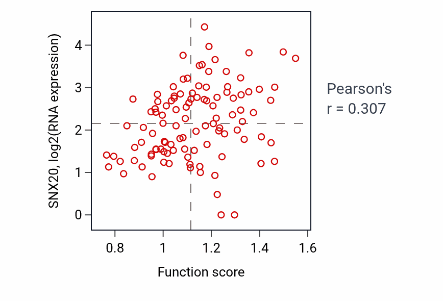 Per-sample scatter of IMP salvage activity vs SNX20 in HNSC.