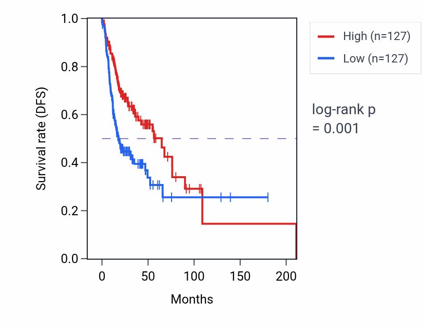 Kaplan&ndash;Meier survival curve for Regulation of protein polymerization pathway activity in HNSC: high vs low activity groups.