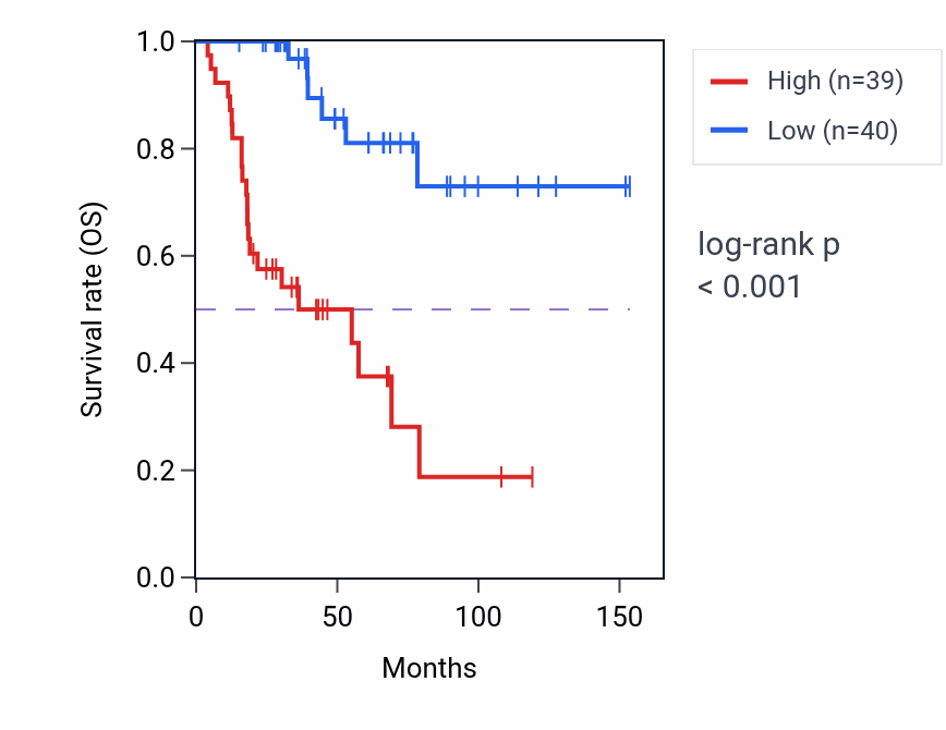 Kaplan&ndash;Meier survival curve for Cytokinetic process pathway activity in ACC: high vs low activity groups.