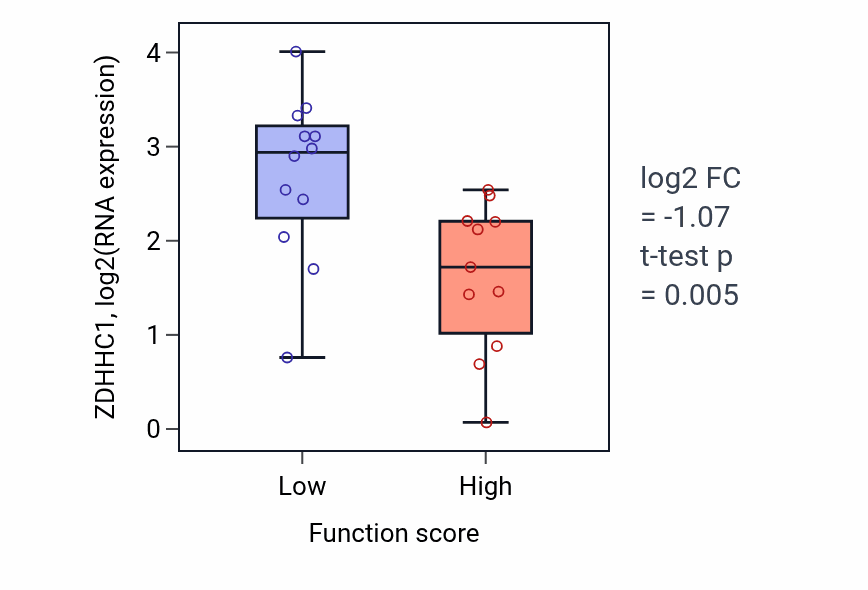 Box plot of ZDHHC1 in Positive regulation of interleukin-1 beta production-low vs -high samples in OESOPHAGUS.