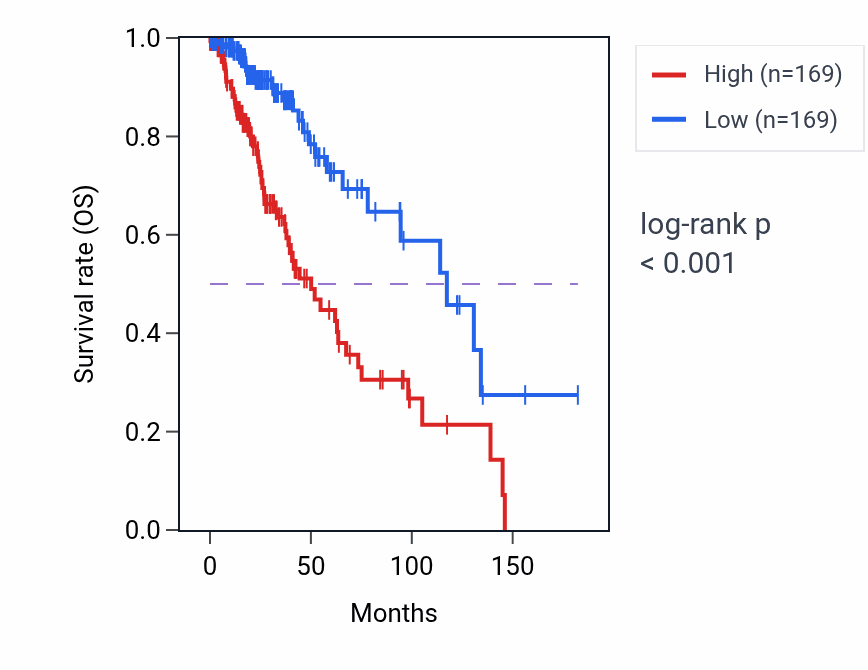 Kaplan&ndash;Meier survival curve for Muscle cell proliferation pathway activity in LGG: high vs low activity groups.