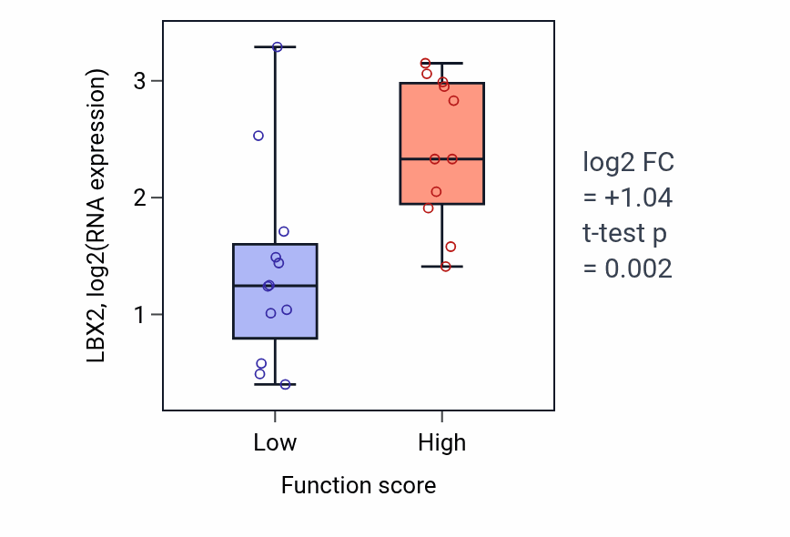 Box plot of LBX2 in Response to vitamin-low vs -high samples in OESOPHAGUS.