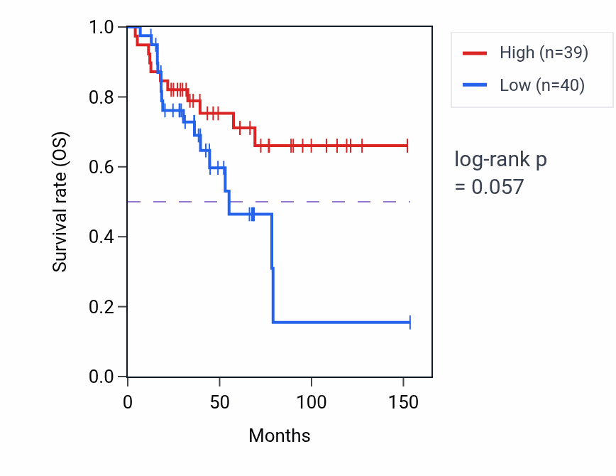 Kaplan&ndash;Meier survival curve for Actin-myosin filament sliding pathway activity in ACC: high vs low activity groups.