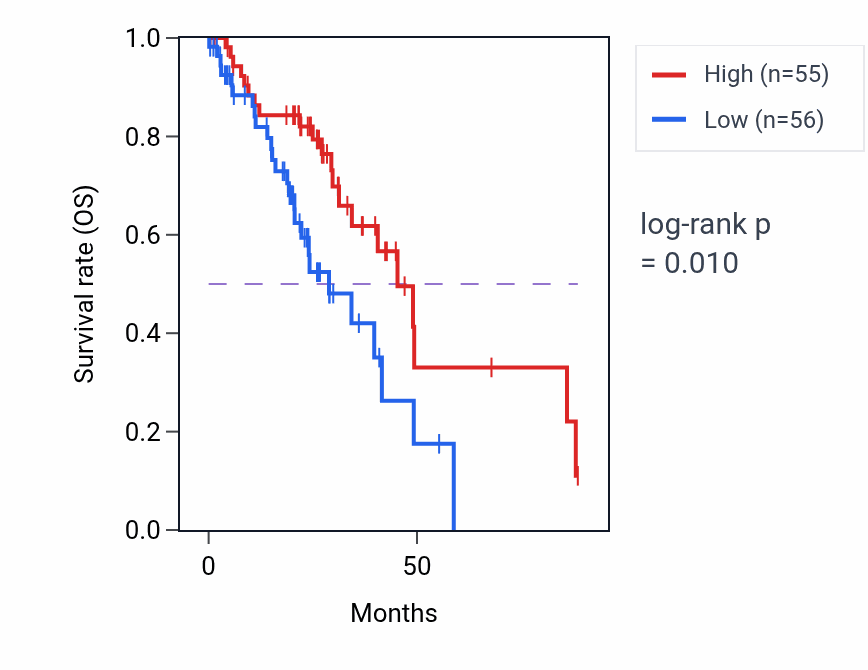 Kaplan&ndash;Meier survival curve for Anterior/posterior axon guidance pathway activity in LUAD: high vs low activity groups.