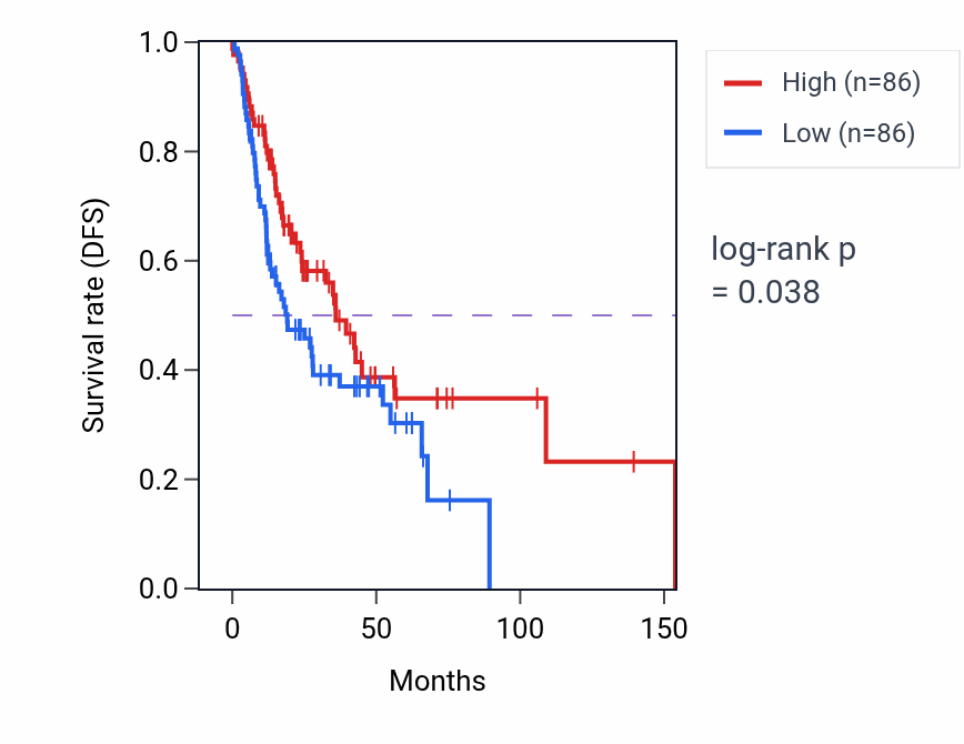 Kaplan&ndash;Meier survival curve for Stress granule assembly pathway activity in HNSC: high vs low activity groups.