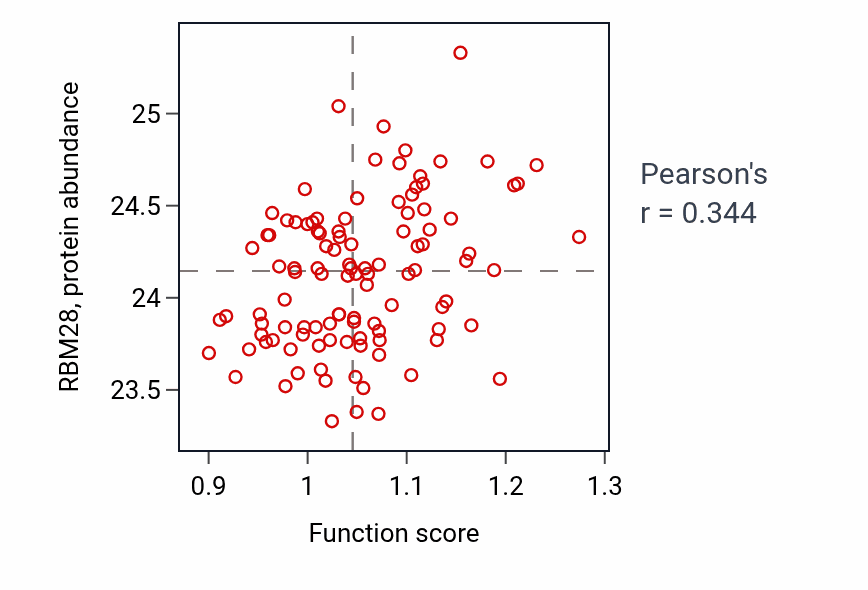 Per-sample scatter of tRNA thio-modification activity vs RBM28 in LSCC.