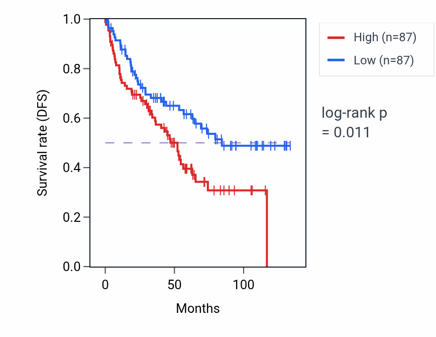 Kaplan&ndash;Meier survival curve for Arp2/3 complex-mediated actin nucleation pathway activity in KIRC: high vs low activity groups.