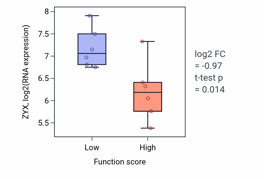Box plot of ZYX in Lipid droplet organization-low vs -high samples in URINARY_TRACT.