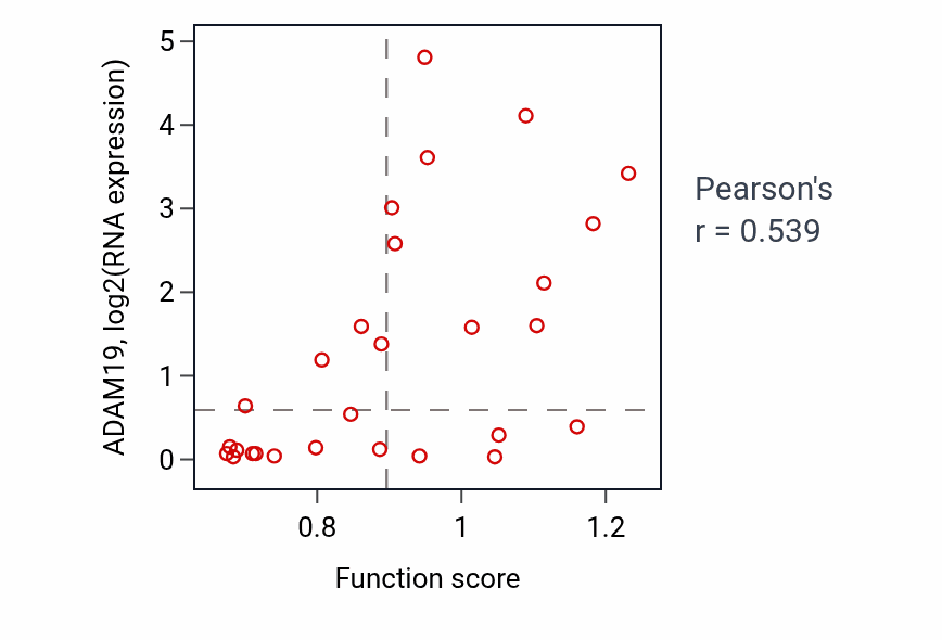 Per-sample scatter of Response to luteinizing hormone activity vs ADAM19 in BLOOD_Leukemia.