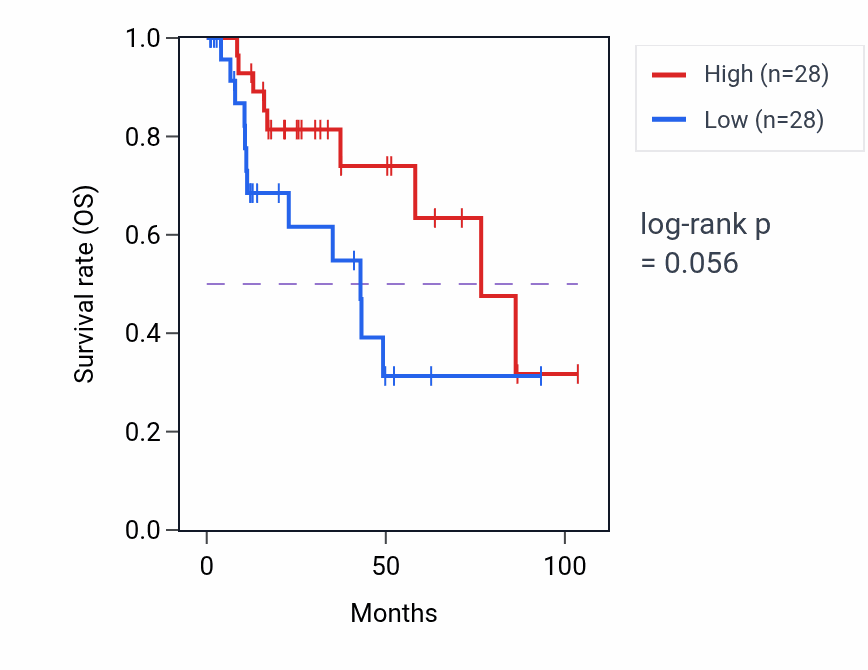 Kaplan&ndash;Meier survival curve for Genitalia morphogenesis pathway activity in KIRP: high vs low activity groups.