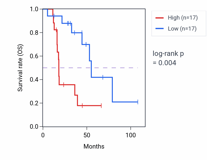 Kaplan&ndash;Meier survival curve for NAD transmembrane transport pathway activity in ACC: high vs low activity groups.