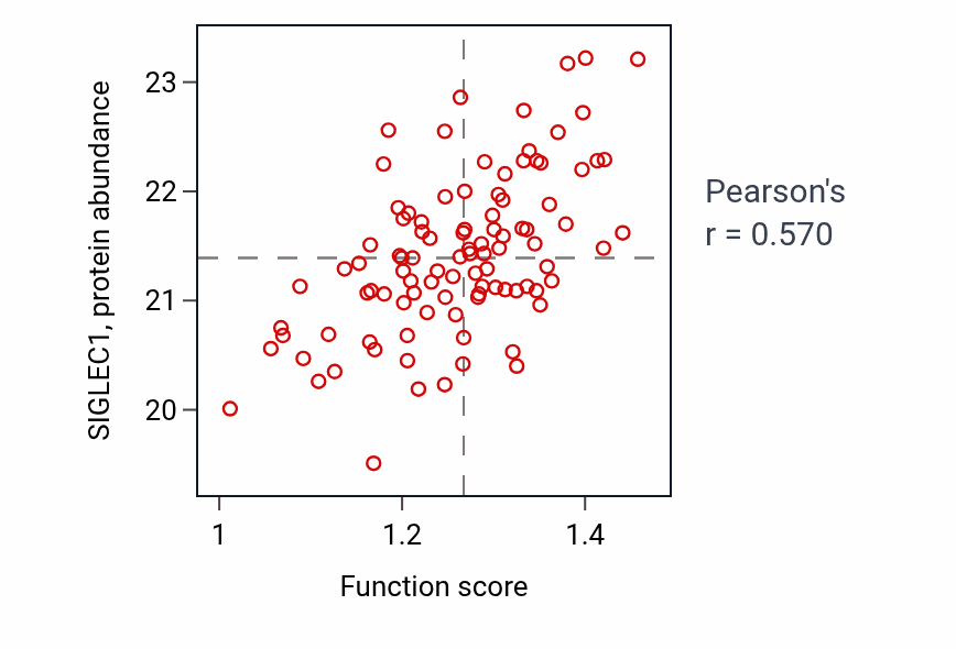 Per-sample scatter of Response to interferon-beta activity vs SIGLEC1 in GBM.