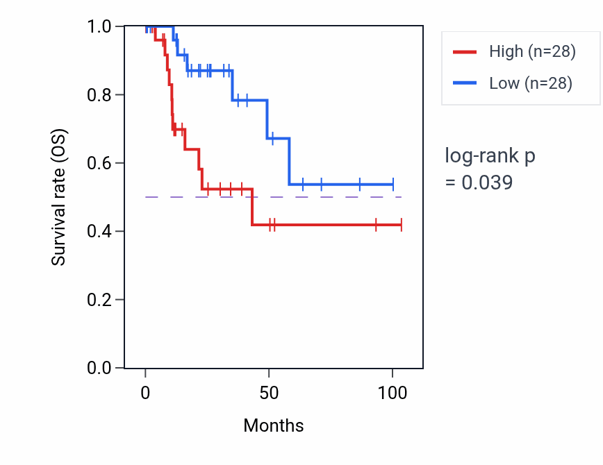 Kaplan&ndash;Meier survival curve for Vascular associated smooth muscle cell differentiation pathway activity in KIRP: high vs low activity groups.