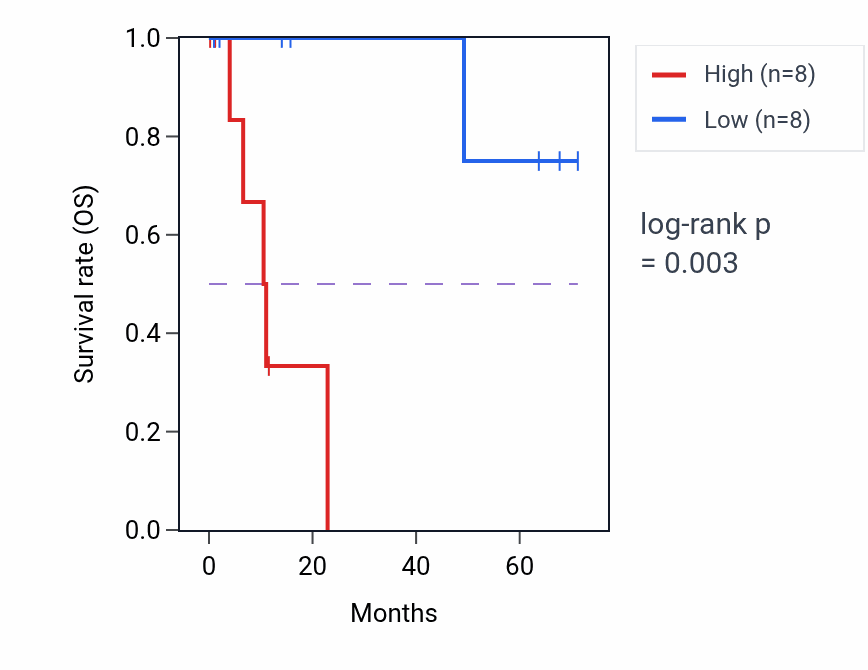 Kaplan&ndash;Meier survival curve for Aorta development pathway activity in KIRP: high vs low activity groups.