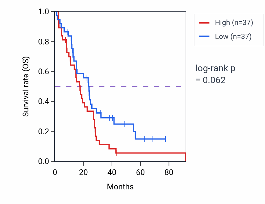 Kaplan&ndash;Meier survival curve for Dorsal aorta development pathway activity in MESO: high vs low activity groups.