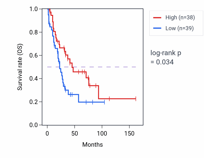 Kaplan&ndash;Meier survival curve for Synaptic vesicle recycling via endosome pathway activity in SCLC: high vs low activity groups.