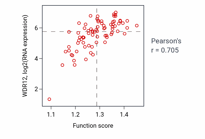 Per-sample scatter of Ribosome assembly activity vs WDR12 in BLOOD_Lymphoma.