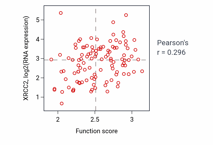 Per-sample scatter of Ribosomal large subunit biogenesis activity vs XRCC2 in LUAD.