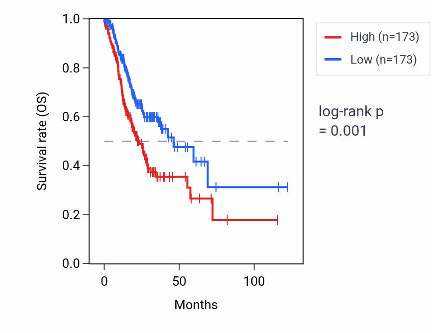 Kaplan&ndash;Meier survival curve for Fibrinolysis pathway activity in STAD: high vs low activity groups.