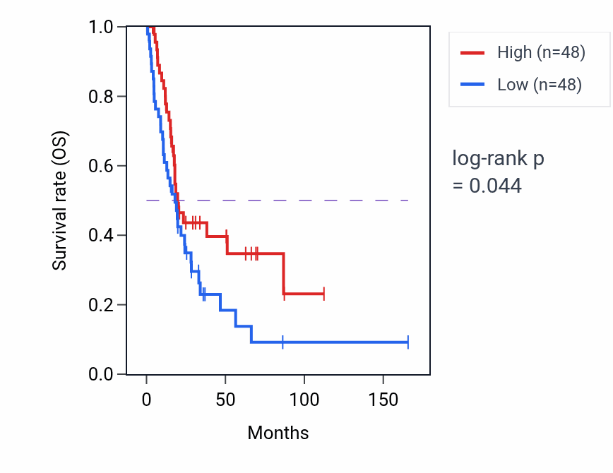 Kaplan&ndash;Meier survival curve for Amino acid salvage pathway activity in BLCA: high vs low activity groups.