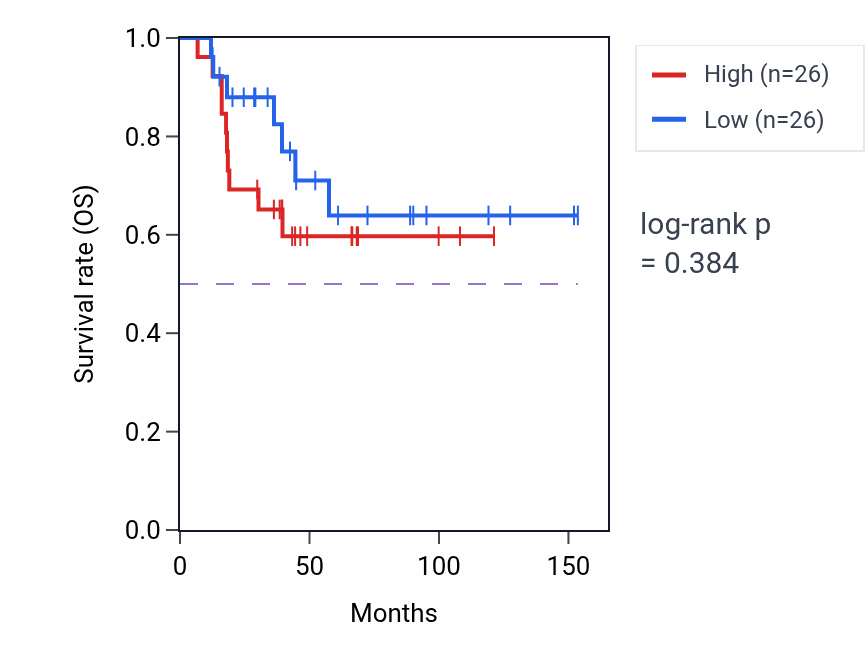 Kaplan&ndash;Meier survival curve for Nucleoside salvage pathway activity in ACC: high vs low activity groups.