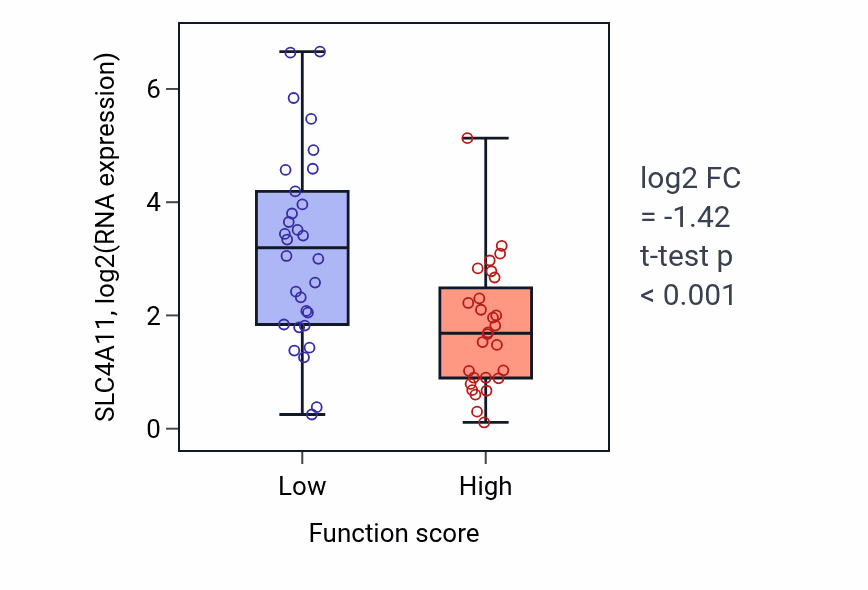 Box plot of SLC4A11 in Regulation of protein binding-low vs -high samples in LUNG_NSCLC_LUAD.