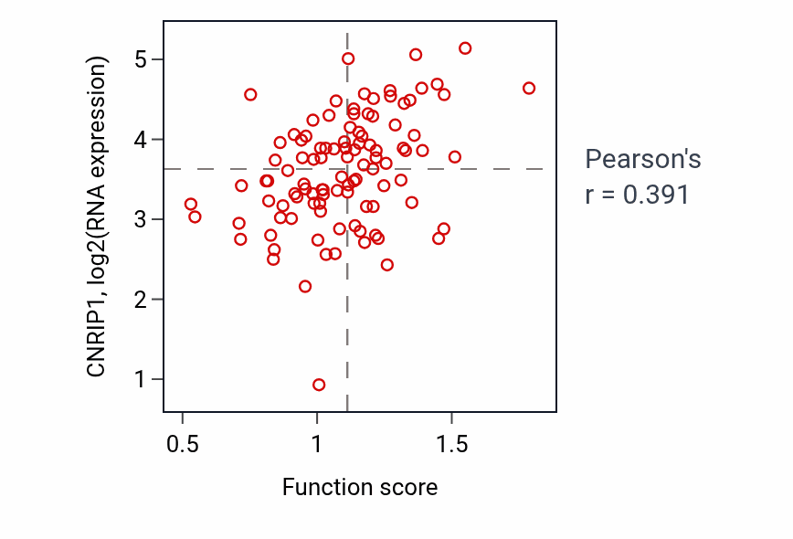 Per-sample scatter of Regulation of muscle adaptation activity vs CNRIP1 in CCRCC.