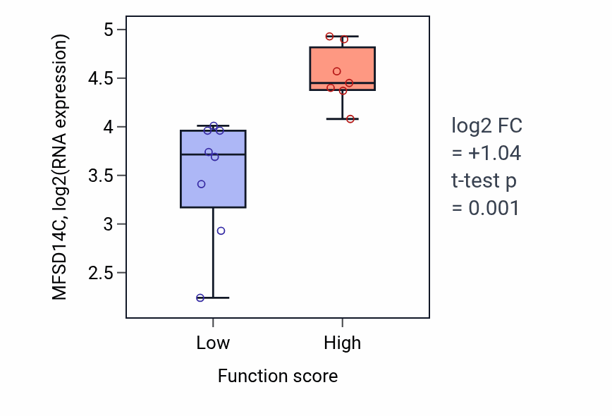 Box plot of MFSD14C in Regulation of blood vessel endothelial cell migration-low vs -high samples in BONE.