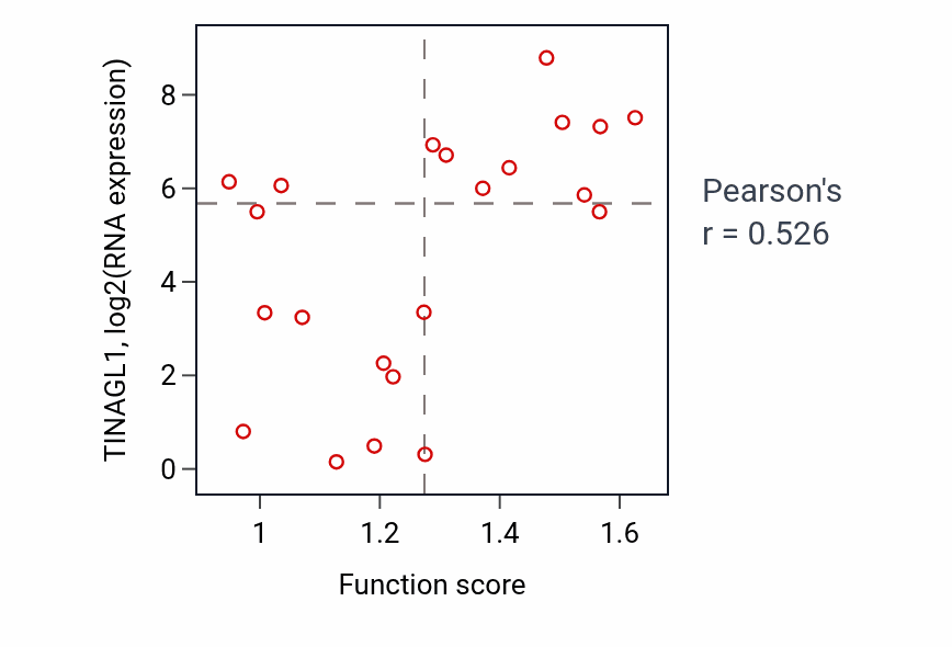 Per-sample scatter of Regulation of translation in response to stress activity vs TINAGL1 in STOMACH.