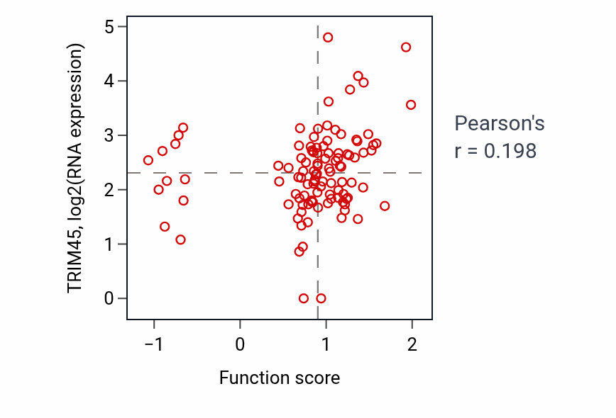 Per-sample scatter of Positive regulation of insulin-like growth factor receptor signaling pathway activity vs TRIM45 in HNSC.