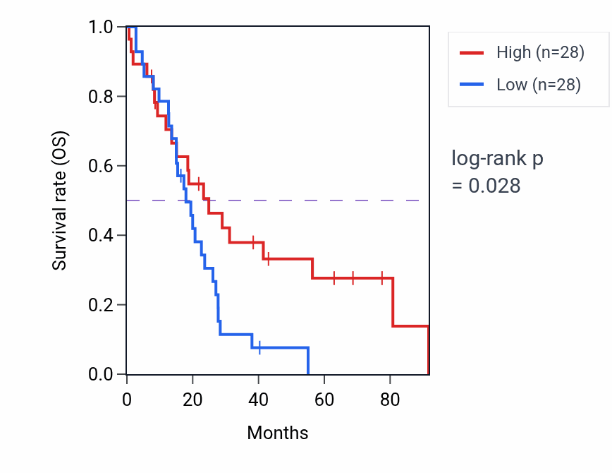 Kaplan&ndash;Meier survival curve for Dicarboxylic acid catabolic process pathway activity in MESO.