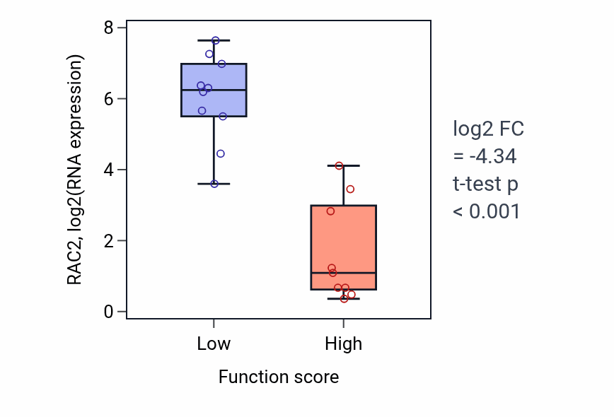Box plot of RAC2 in Dicarboxylic acid biosynthetic process-low vs -high samples in LUNG_NSCLC_LUSC.