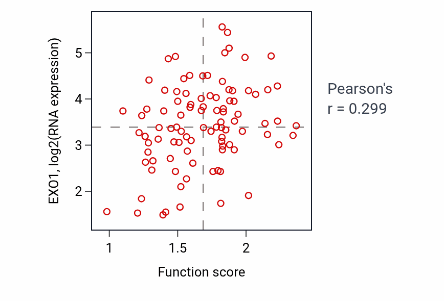 Per-sample scatter of Positive regulation by host of viral transcription activity vs EXO1 in UCEC.
