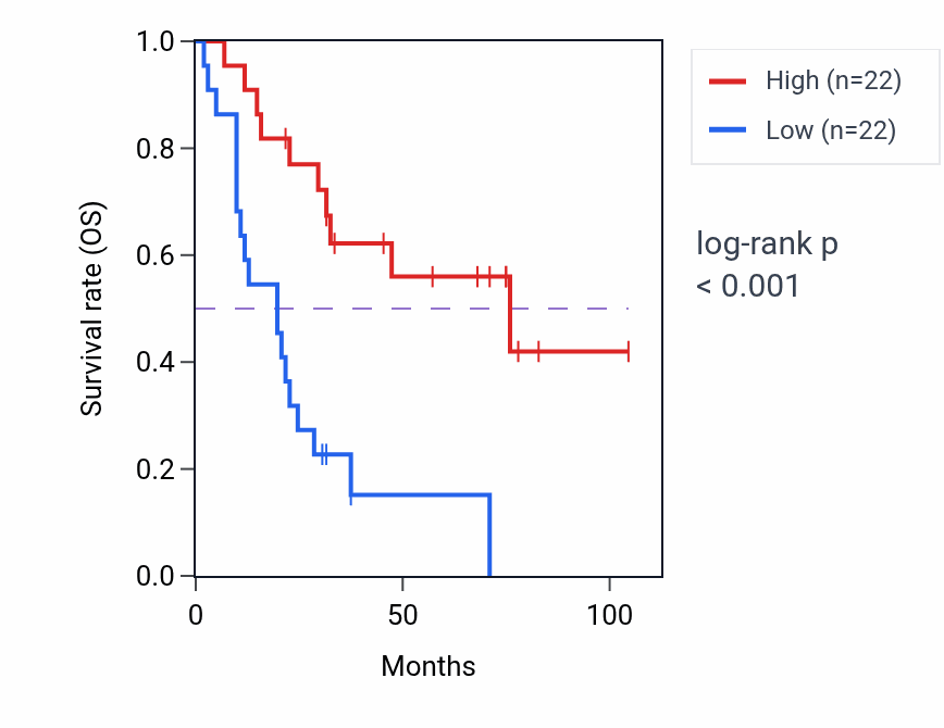 Kaplan&ndash;Meier survival curve for Epigenetic programming in the zygotic pronuclei pathway activity in SCLC: high vs low activity groups.