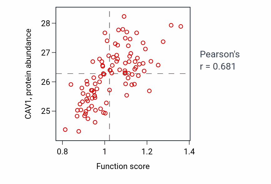 Per-sample scatter of Plasma membrane raft organization activity vs CAV1 in GBM.