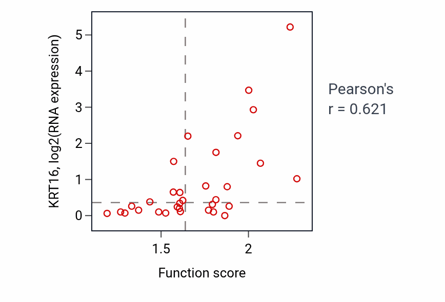 Per-sample scatter of Intermediate filament organization activity vs KRT16 in OVARY.