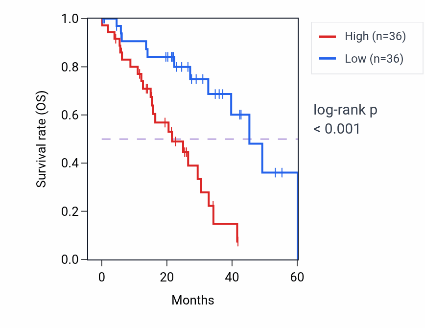 Kaplan&ndash;Meier survival curve for Intermediate filament organization pathway activity in LUAD: high vs low activity groups.
