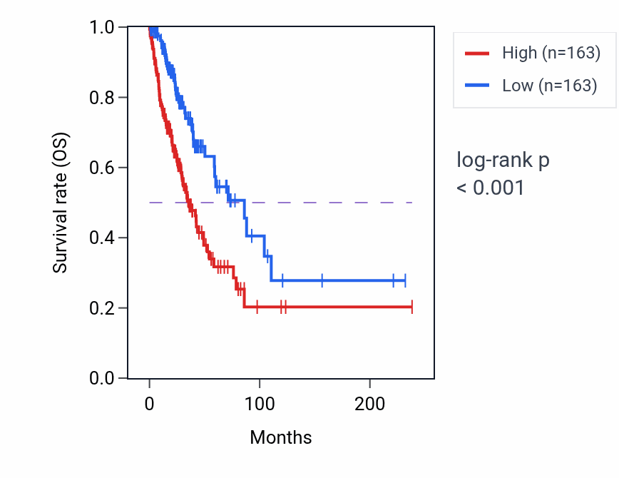 Kaplan&ndash;Meier survival curve for Sarcomere organization pathway activity in LUAD: high vs low activity groups.