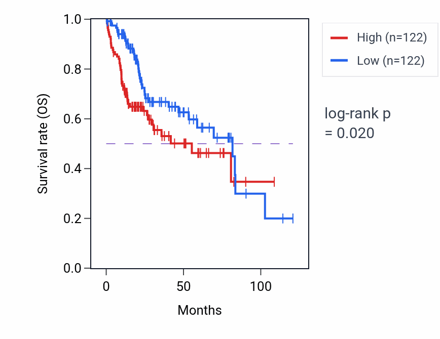 Kaplan&ndash;Meier survival curve for Positive regulation of keratinocyte differentiation pathway activity in LIHC.