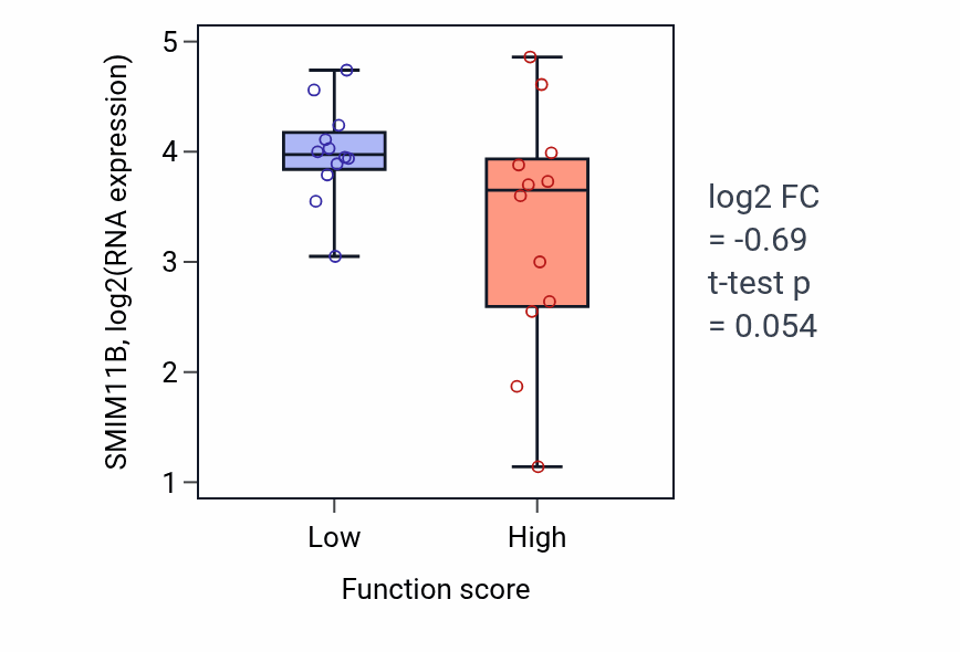 Box plot of SMIM11B in Positive regulation of protein catabolic process-low vs -high samples in STOMACH.